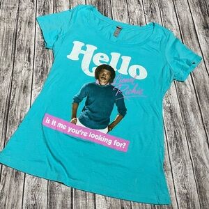 Ladies Juniors XL Lionel Richie “Is it me you’re looking for?” teal retro style